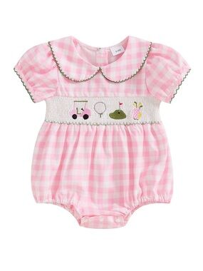 Pink Gingham Smocked Golf Bubble Romper